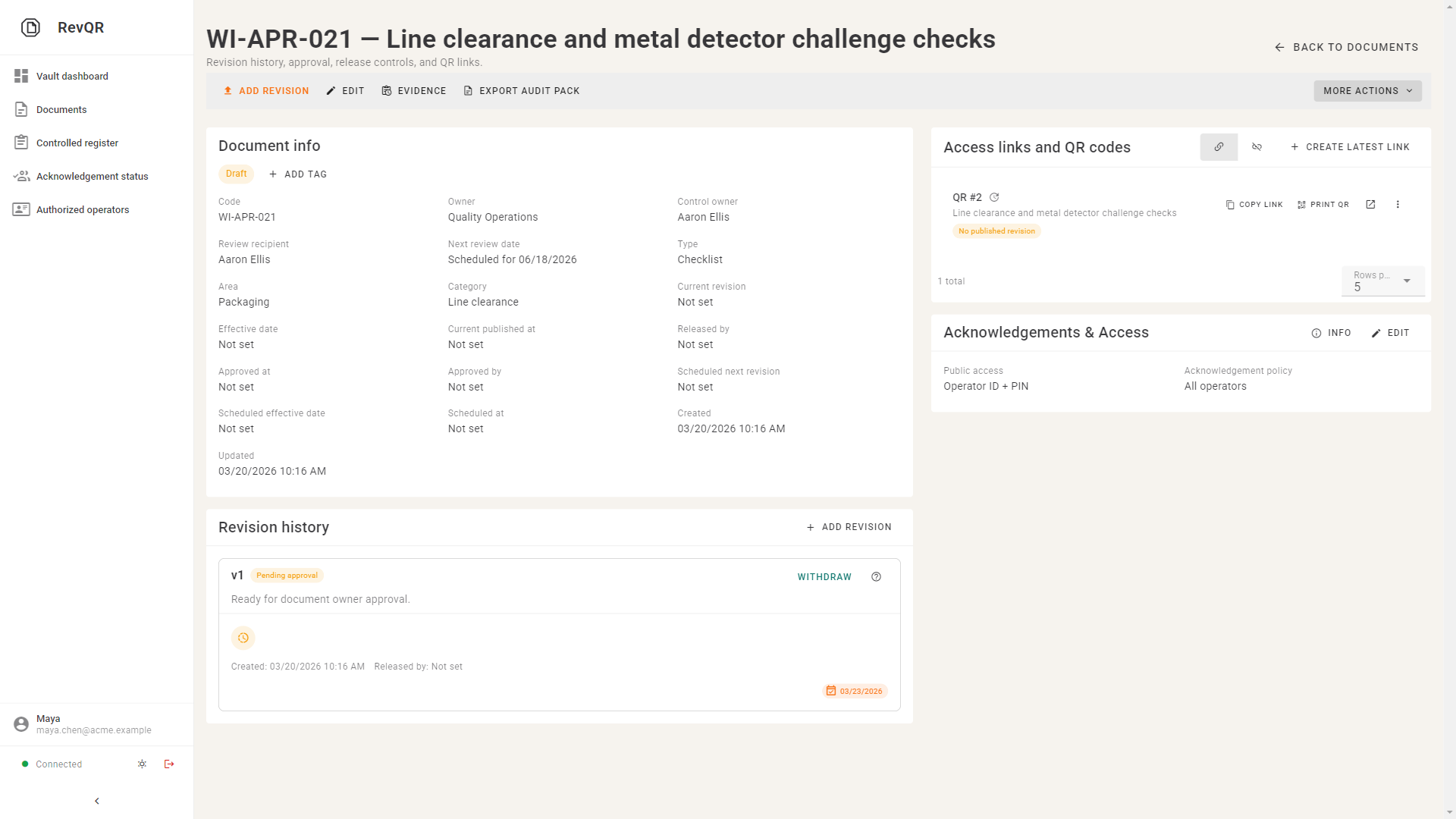 RevQR approval before publish state