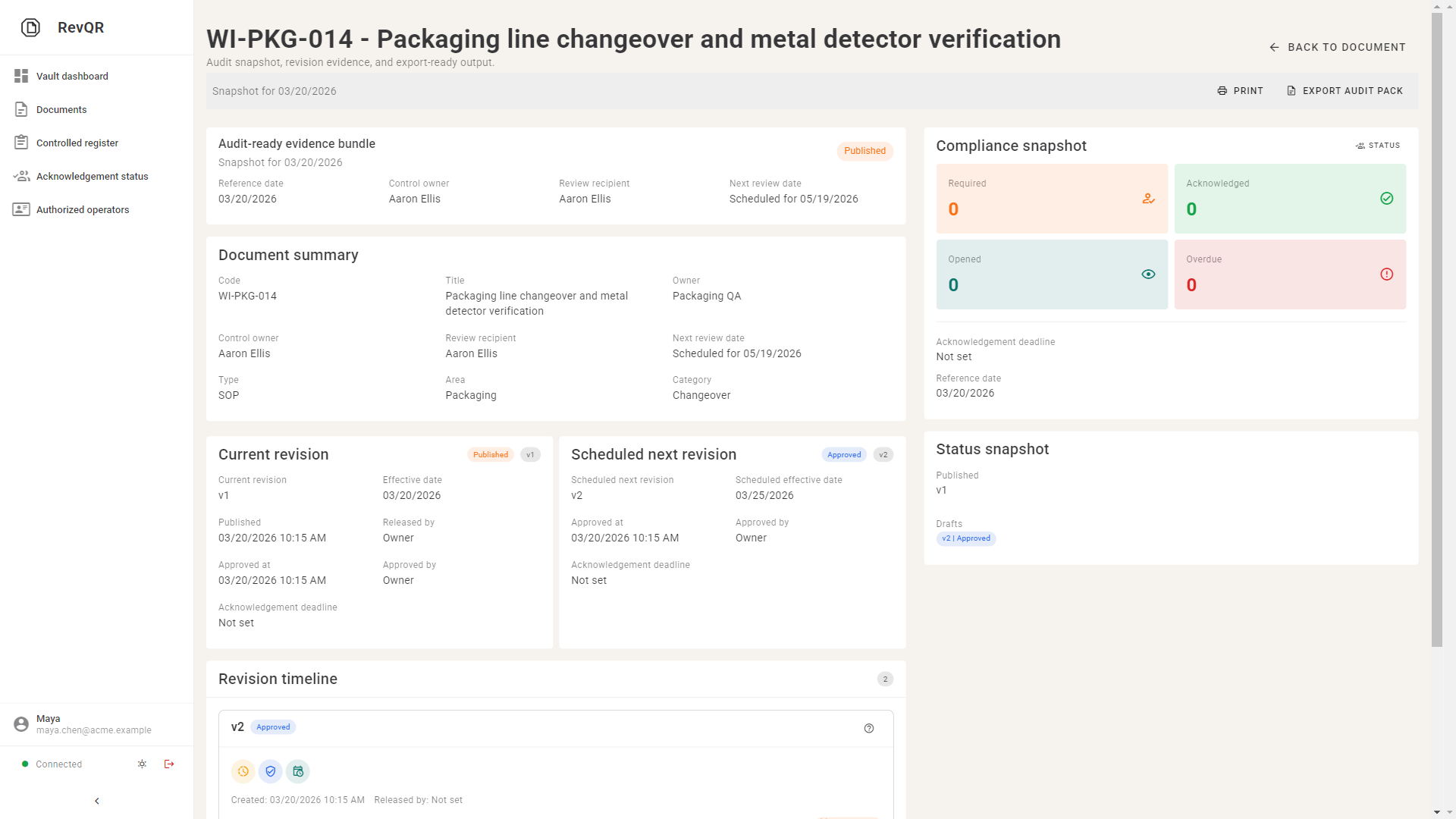 RevQR audit evidence view with audit pack export