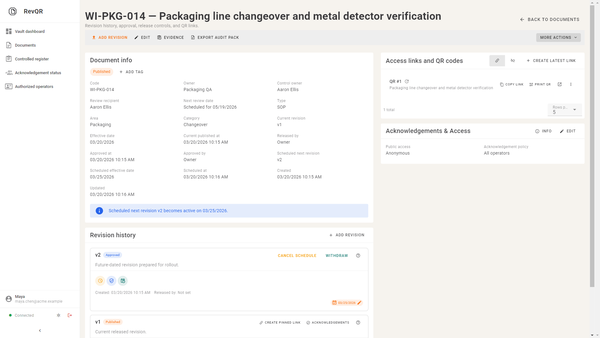 RevQR document detail showing owner, current revision, and effective date