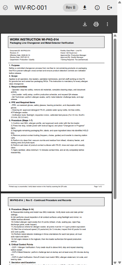 RevQR QR code work instruction opened on a mobile phone
