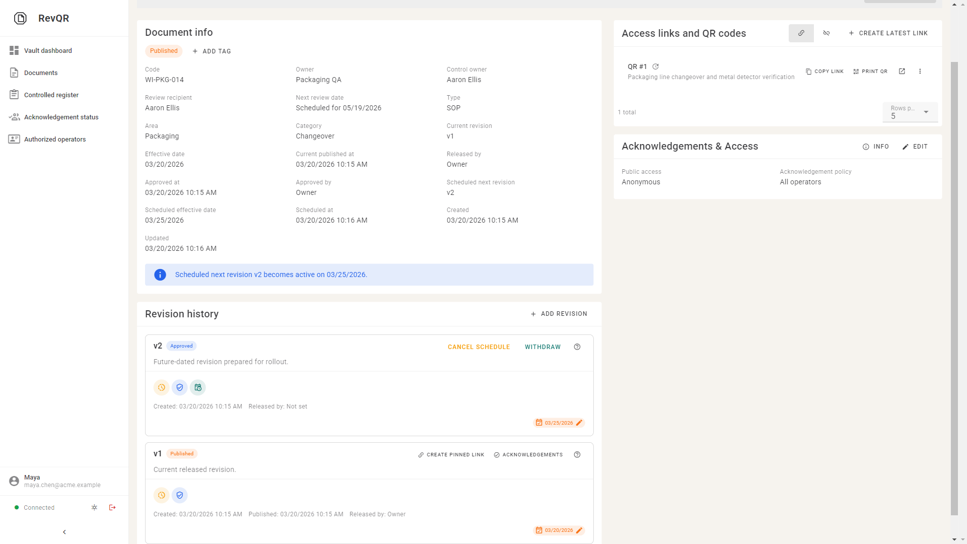 RevQR scheduled release state with effective date